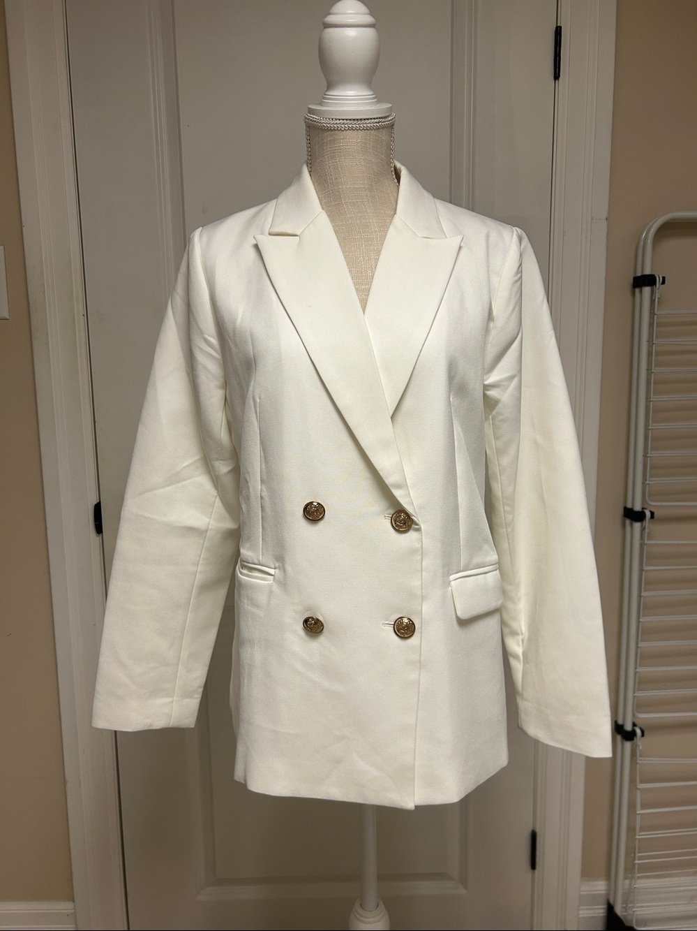White Double-Breasted Blazer with Gold Buttons